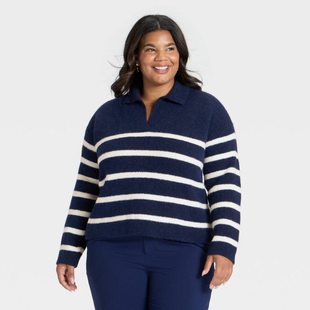 Women's Cozy Knit Polo Sweater - A New Day Navy Striped XXL